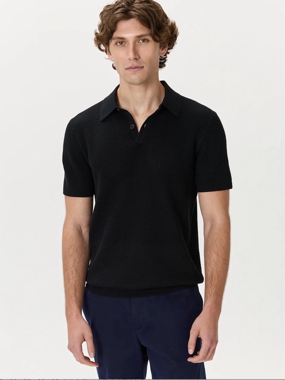 Quince Mens 100% Organic Cotton Mesh-Stitch Sweater Polo Black Sleeved Top M